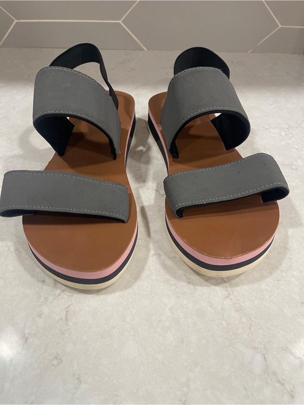 chooka Gray Green and Brown Two-Strap Slingback Sandals, Boho, Soft, Summer - Picture 5 of 5